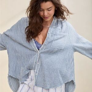 Aerie Daybreak Cover Up or Shirt Blue + White Striped  Button Down